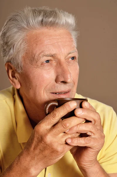 Portrait Senior Man Drinking Cup Coffee — Stock Photo, Image