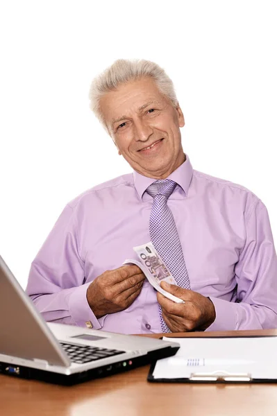 Emotionele Senior Man Het Formeel Met Geld — Stockfoto
