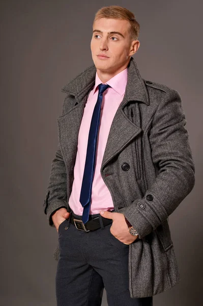 Portrait Young Businessman Coat Posing Studio — Stock Photo, Image