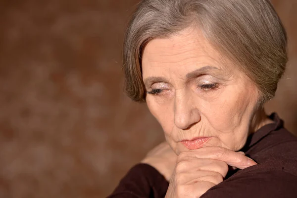 Close Portrait Sad Senior Woman Home — Stock Photo, Image