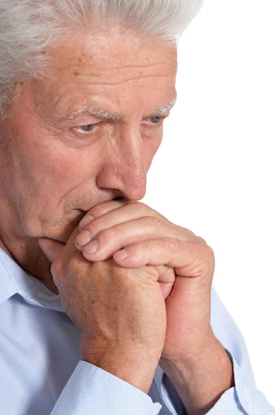 Portrait Triste Homme Âgé Isolé Sur Fond Blanc — Photo