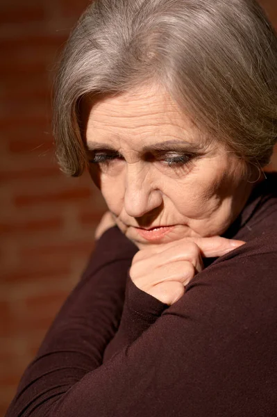 Ritratto Ravvicinato Triste Donna Anziana Casa — Foto Stock