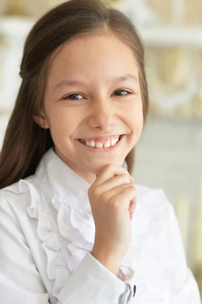 Emotional Little Girl White Blouse Posing Home — Stock Photo, Image