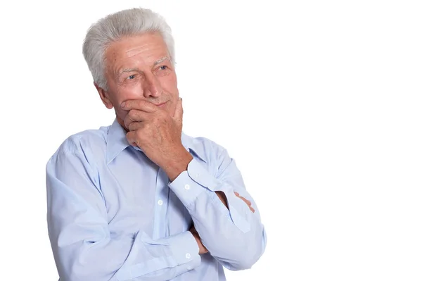 Portrait Triste Homme Âgé Isolé Sur Fond Blanc — Photo