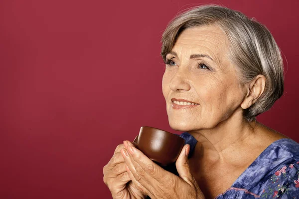 Beautiful Smiling Senior Woman Drinking Tea — Stock Photo, Image