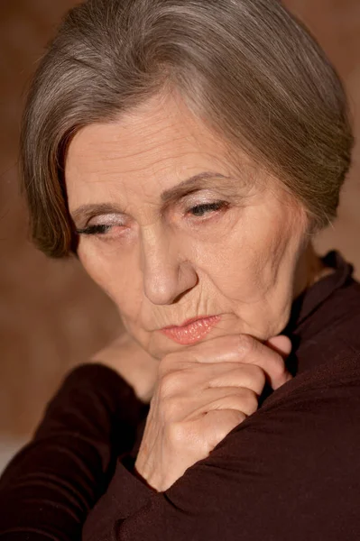 Close Portrait Sad Senior Woman Home — Stock Photo, Image