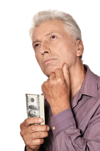 Anciano Sosteniendo Dólares Sobre Fondo Blanco —  Fotos de Stock