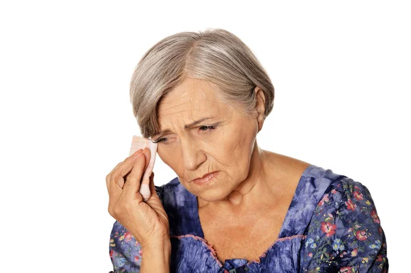 Beautiful Senior Woman Crying Isolated White Background — Stock Photo, Image