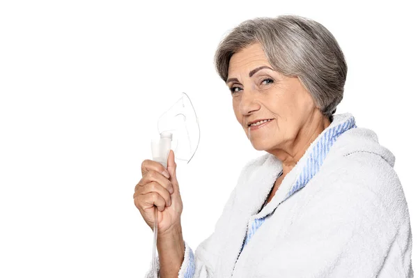 Retrato Una Anciana Con Inhalación Gripe —  Fotos de Stock