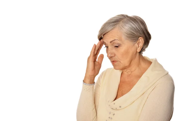 Serious Senior Woman Headache Isolated White — Stock Photo, Image