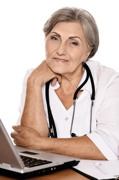 Confident Female Doctor Sitting Table Laptop — Stock Photo, Image