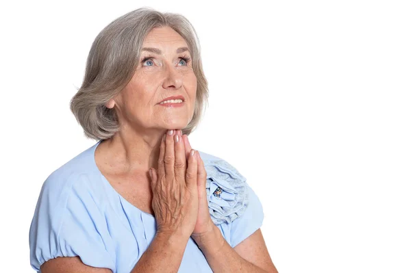 Hermosa Anciana Rezando Aislada Sobre Fondo Blanco — Foto de Stock