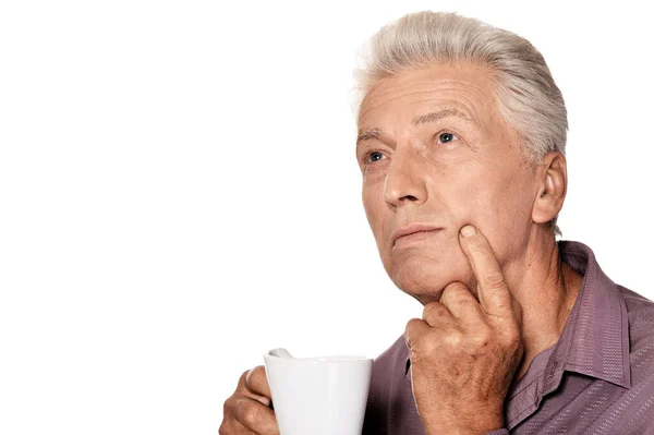 Portret Van Een Kopje Koffie Drinken Senior Man — Stockfoto