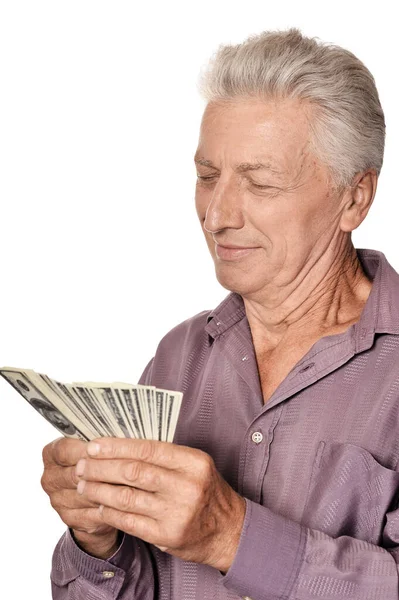 Elderly Man Holding Dollars White Background — Stock Photo, Image