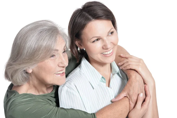 Close Portrait Mother Her Adult Daughter Isolated White — Stock Photo, Image