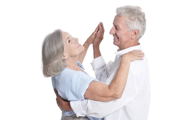 Feliz Pareja Ancianos Bailando Sobre Fondo Blanco — Foto de Stock