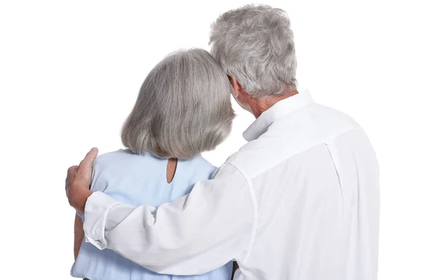 Terug Uitzicht Van Gelukkig Senior Paar Witte Achtergrond — Stockfoto