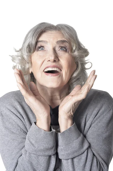 Anziana Donna Posa Isolato Sfondo Bianco — Foto Stock