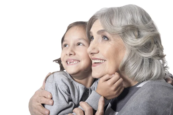 Portret Van Gelukkig Oma Kleindochter Kijken Naar Afstand Geïsoleerd Witte — Stockfoto