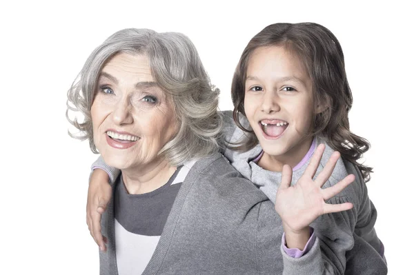 Retrato Avó Feliz Neta Olhando Para Distância Isolada Fundo Branco — Fotografia de Stock