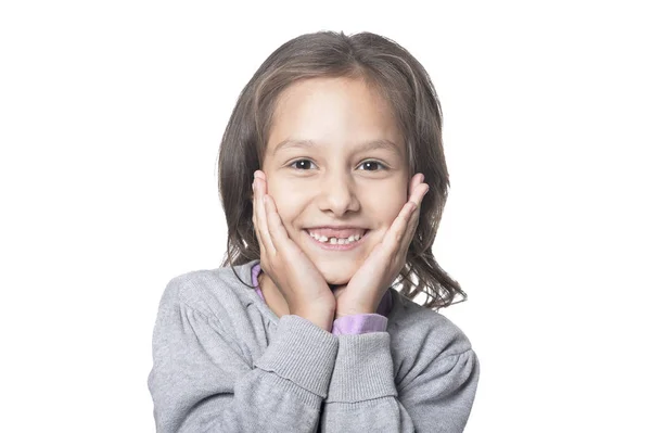 Retrato Bonito Menina Posando Isolado Fundo Branco — Fotografia de Stock