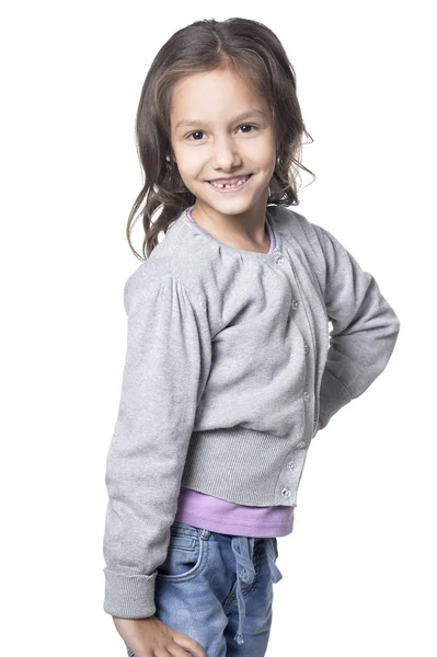 Retrato Bonito Menina Posando Isolado Fundo Branco — Fotografia de Stock