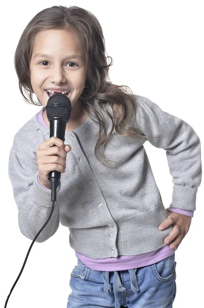 Retrato Menina Cantando Karaoke Isolado Fundo Branco — Fotografia de Stock