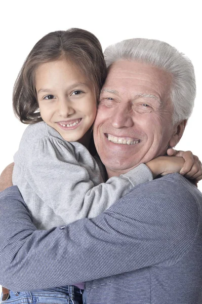Portret Van Gelukkig Opa Kleindochter Geïsoleerd Witte Achtergrond — Stockfoto