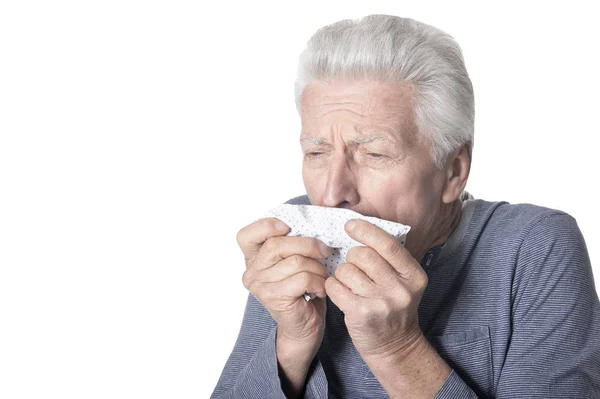 Sjuk Gammal Man Stående Vit Bakgrund — Stockfoto