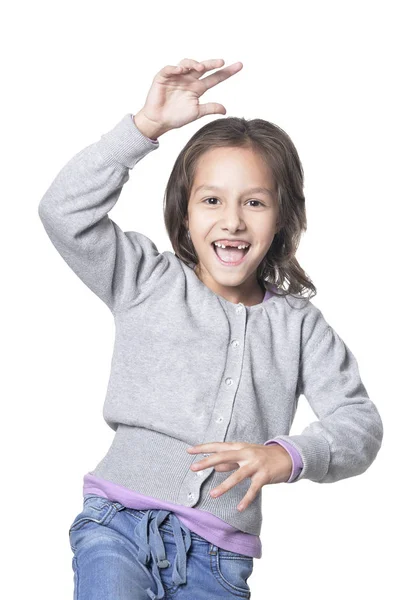Porträt Von Niedlichen Kleinen Mädchen Posiert Isoliert Auf Weißem Hintergrund — Stockfoto