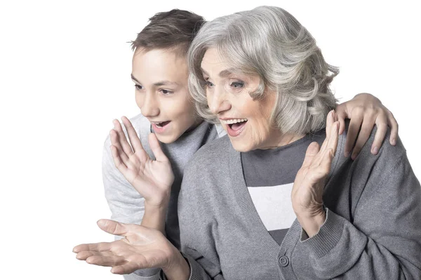 Portrait Grand Mère Petit Fils Isolé Sur Fond Blanc — Photo