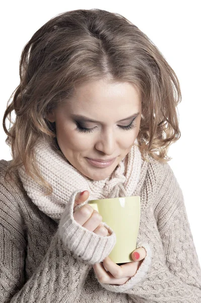 Portrait Belle Jeune Femme Avec Tasse Isolée Sur Fond Blanc — Photo