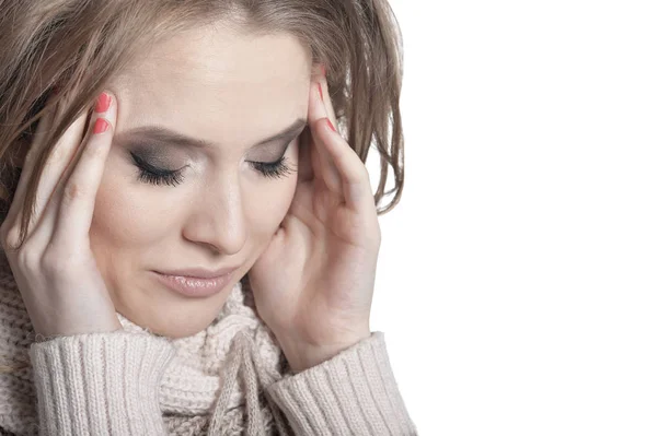 Porträt Einer Schönen Traurigen Frau Isoliert Auf Weiß — Stockfoto