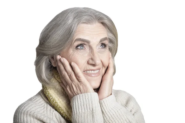 Starší Žena Představuje Izolované Bílém Pozadí — Stock fotografie