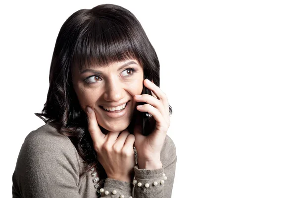 Porträtt Vacker Ung Kvinna Pratar Telefon Isolerad Vit Bakgrund — Stockfoto