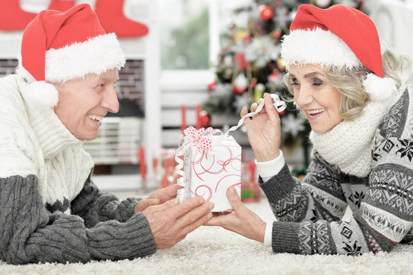 Porträt Eines Glücklichen Seniorehepaares Weihnachtsmützen Mit Geschenk — Stockfoto