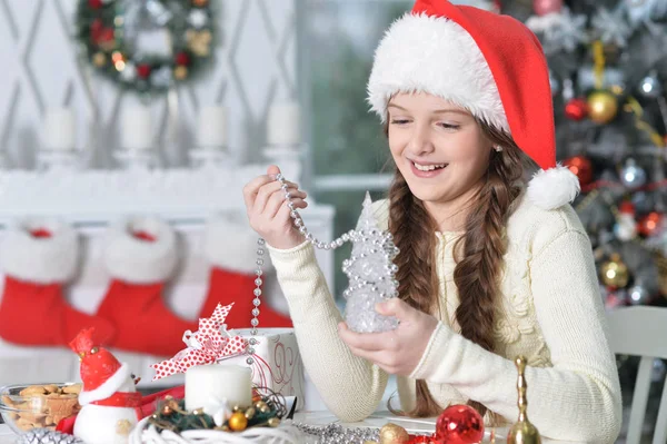 Beautiful Cute Happy Girl Preparing Christmas — Stock Photo, Image