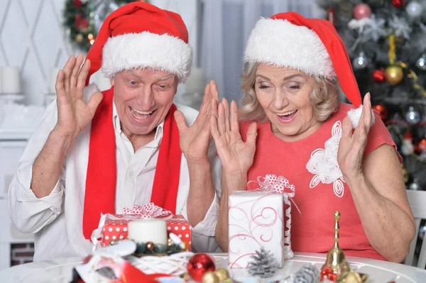 Portrait Smiling Senior Couple Celebrating Christmas Home — Stock Photo, Image