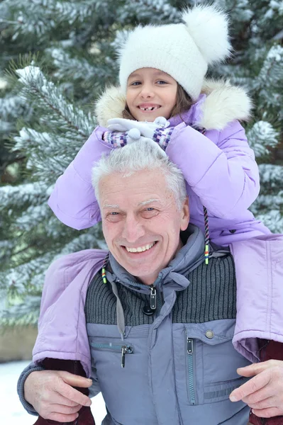 祖父与孙女微笑 冬天在户外摆姿势 — 图库照片