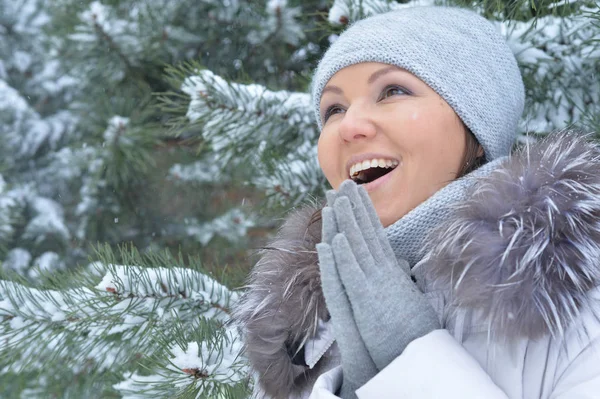 快乐的年轻女子在雪地的冬日公园里摆姿势 — 图库照片