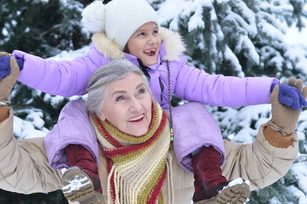 Portrait Grandmother Granddaughter Winter — Stock Photo, Image