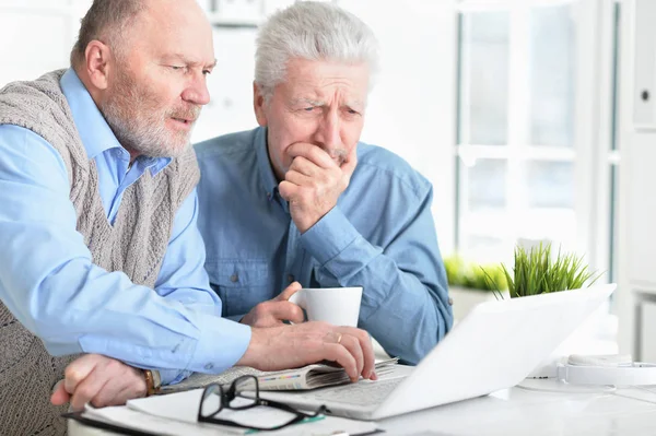 两个老年人坐在桌旁 用笔记本电脑 — 图库照片
