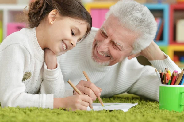 Happy Grandfather Granddaughter Drawing Together — Stock Photo, Image