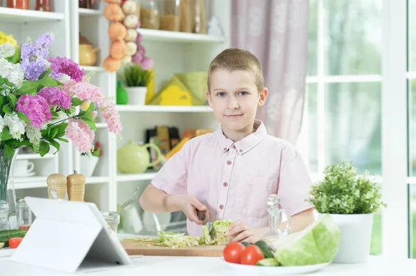 Cute Little Boy Preparing Salad Kitchen Table Home — Stock Photo, Image