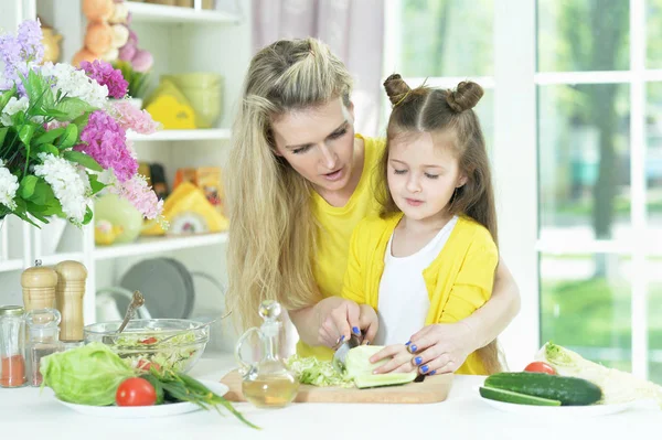 Cute Little Girl Her Mother Cooking Together Kitchen Table — Stock Photo, Image