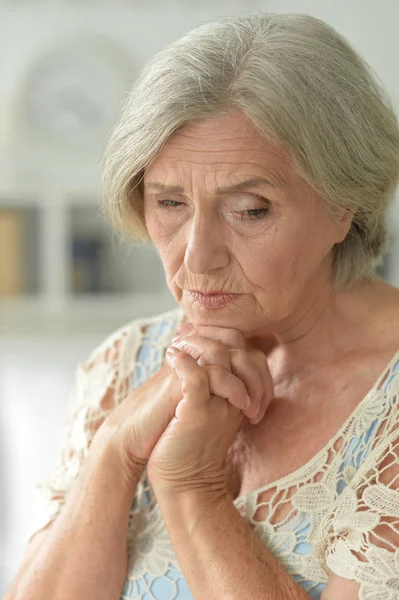 Close Portrait Sad Senior Woman Home — Stock Photo, Image