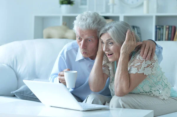 Pareja Ancianos Utilizando Ordenador Portátil Casa —  Fotos de Stock