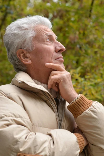 Grave Uomo Anziano Guardando Nel Parco Sfondo Verde — Foto Stock