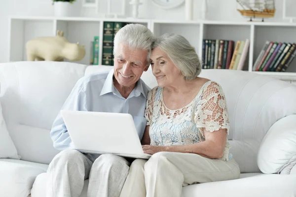 快乐的老夫妇 家里有笔记本电脑 — 图库照片