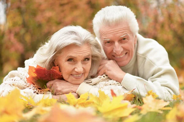 Retrato Hermosa Pareja Ancianos Acostados Hierba — Foto de Stock